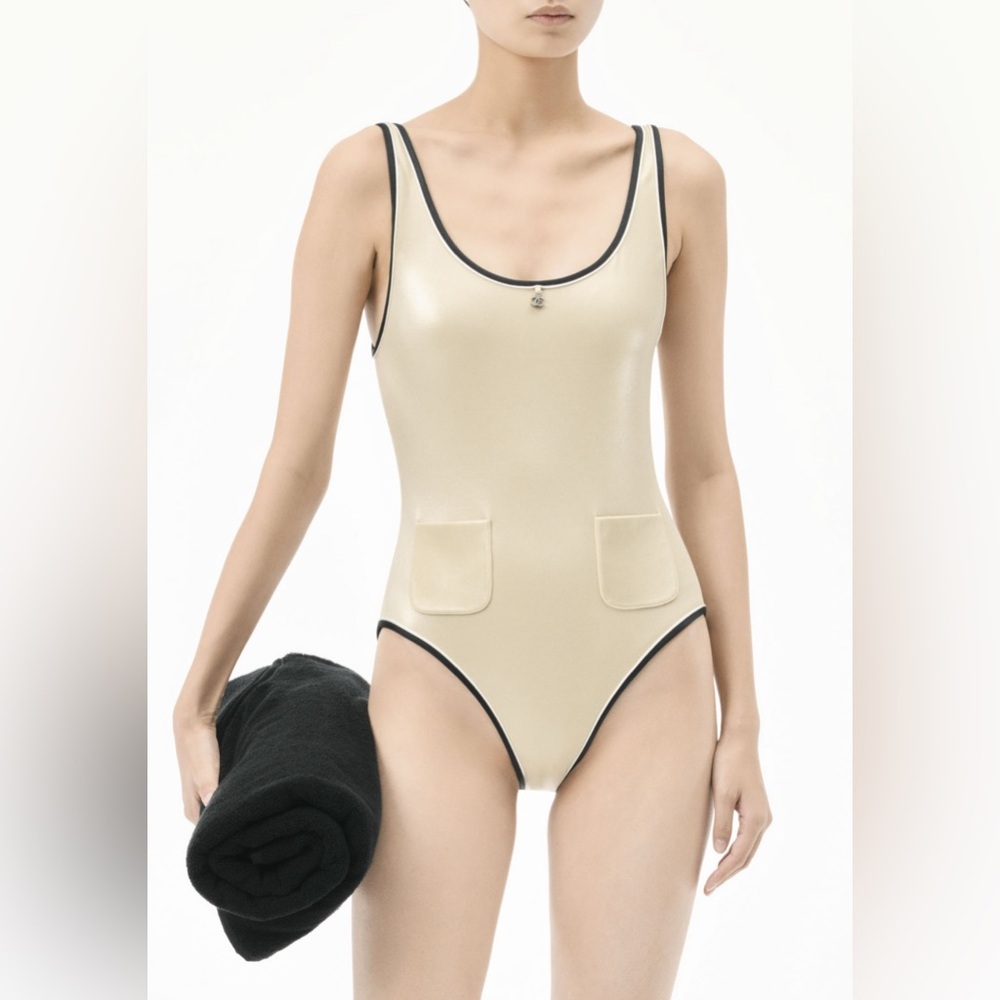 CHANEL Gold Metallic Swimsuit with Black Trim - Picture 6 of 6